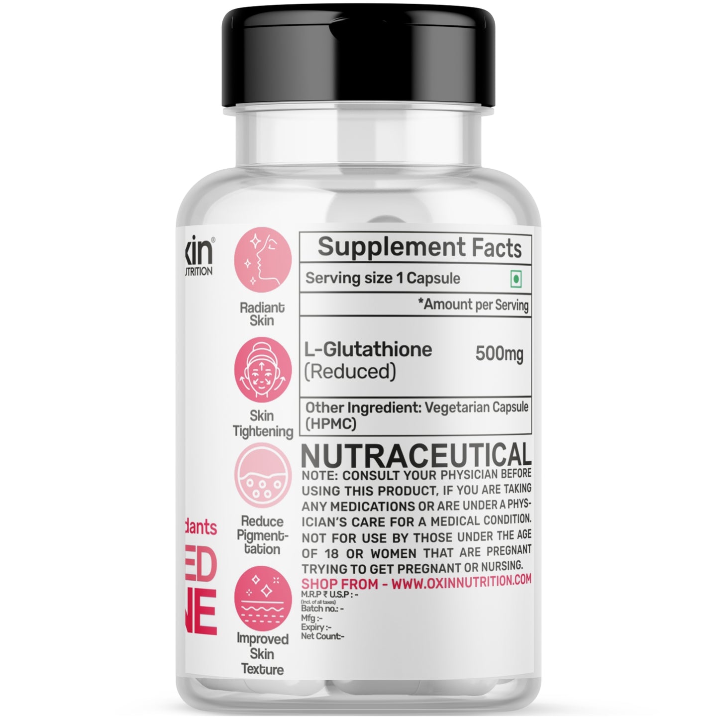 Oxin Nutrition® Glutathione REDUCED 500mg Caps For Korean Glowing, Radiance Skin