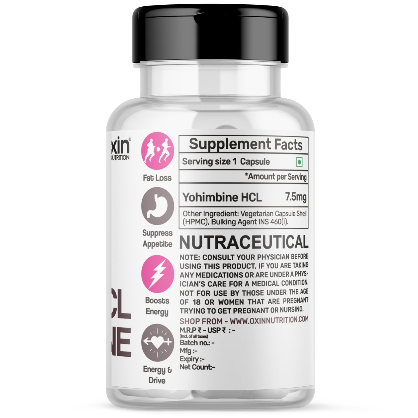 Oxin Nutrition® Yohimbine HCL 7.5mg Potent Fat Burner - PRO GRADE