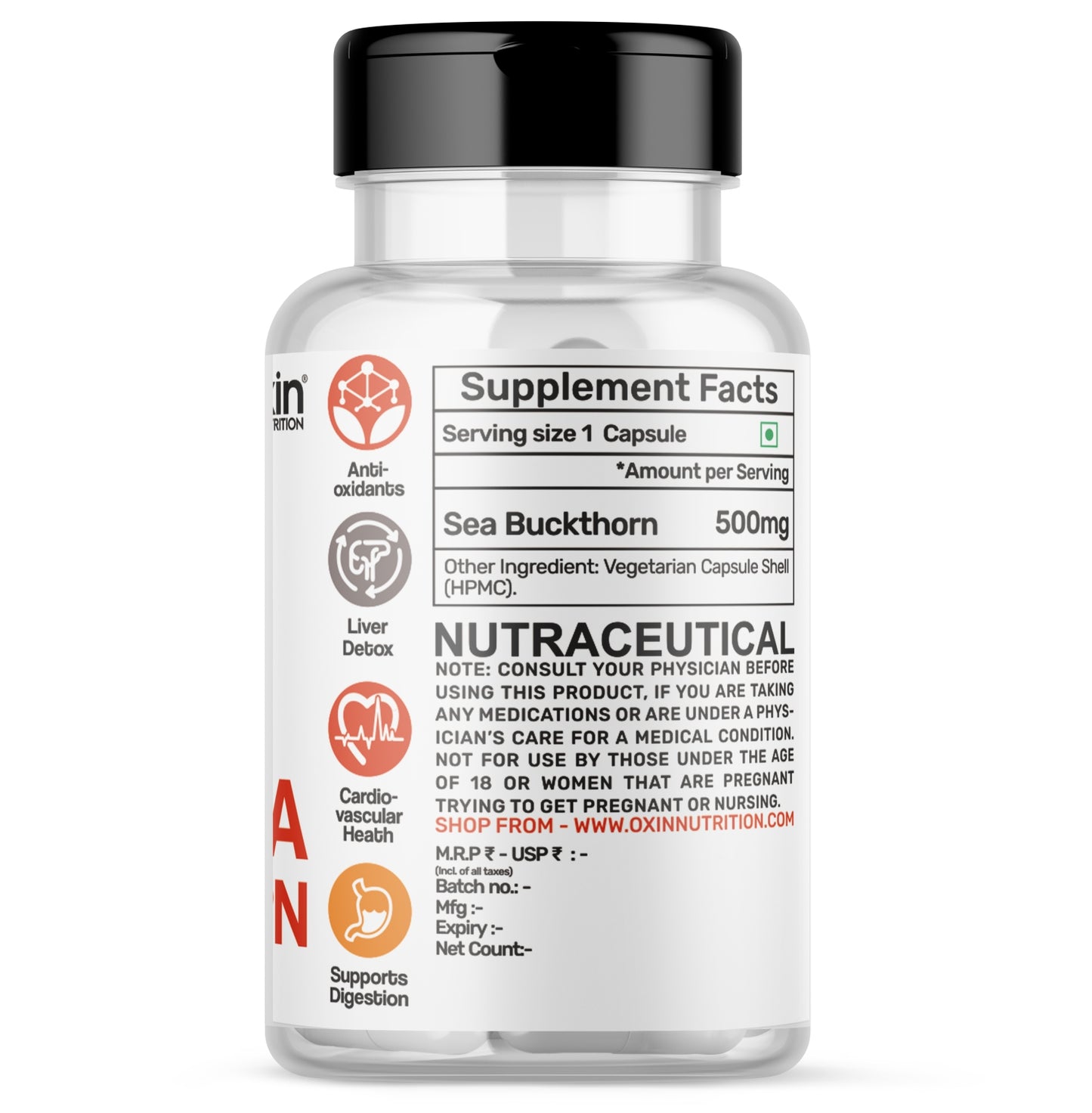 Oxin Nutrition® Sea Buckthorn Extract 500mg Veg Supplement Capsules | Rich Source of Omega, Supports Digestion, Cardiovascular Health & Liver Detox