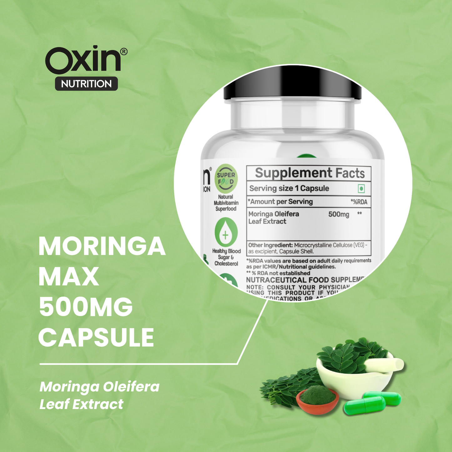 Oxin® Nutrition Moringa Capsules 100% Pure Leaf Powder | Natural Energy, Immunity & Wellness Boost