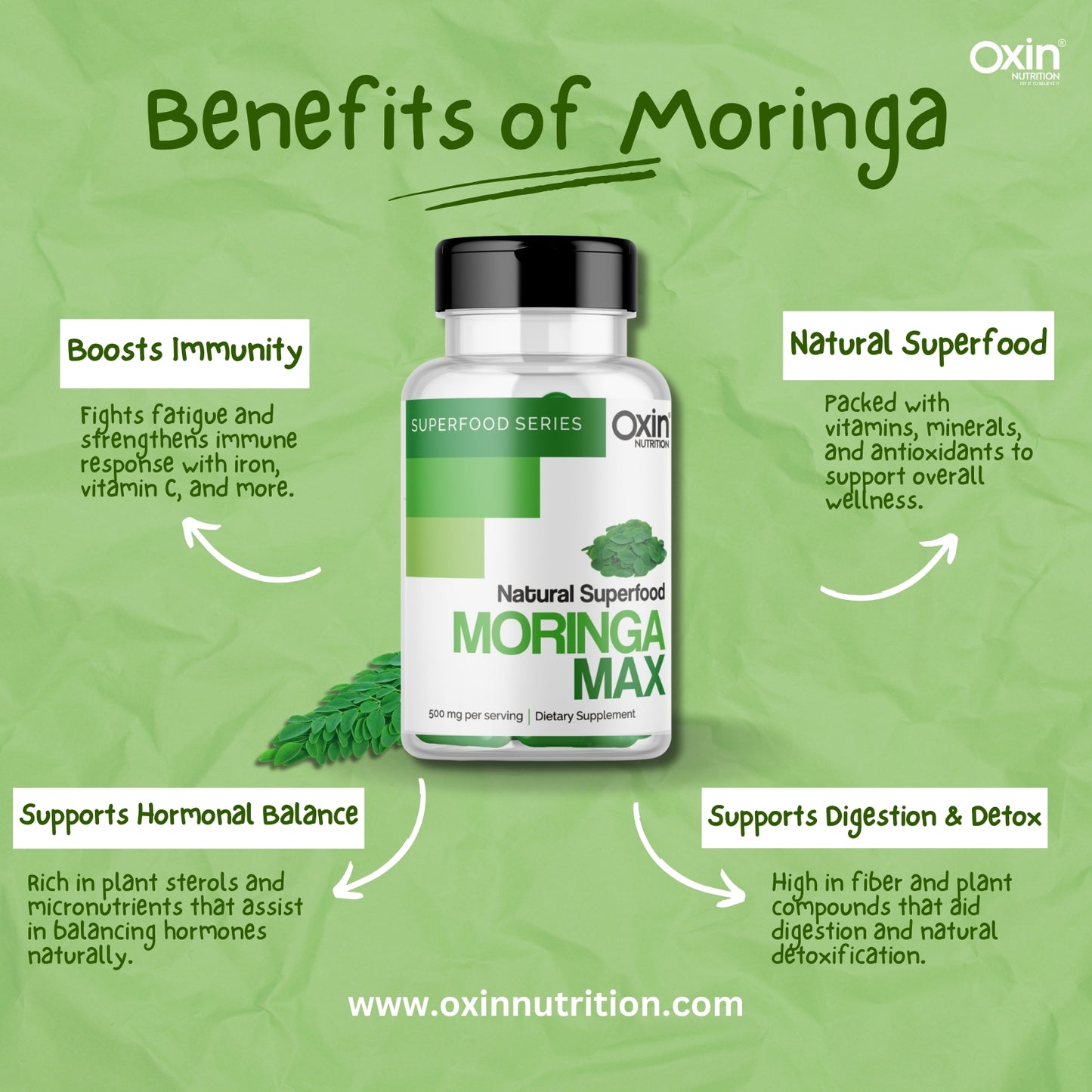 Oxin® Nutrition Moringa Capsules 100% Pure Leaf Powder | Natural Energy, Immunity & Wellness Boost