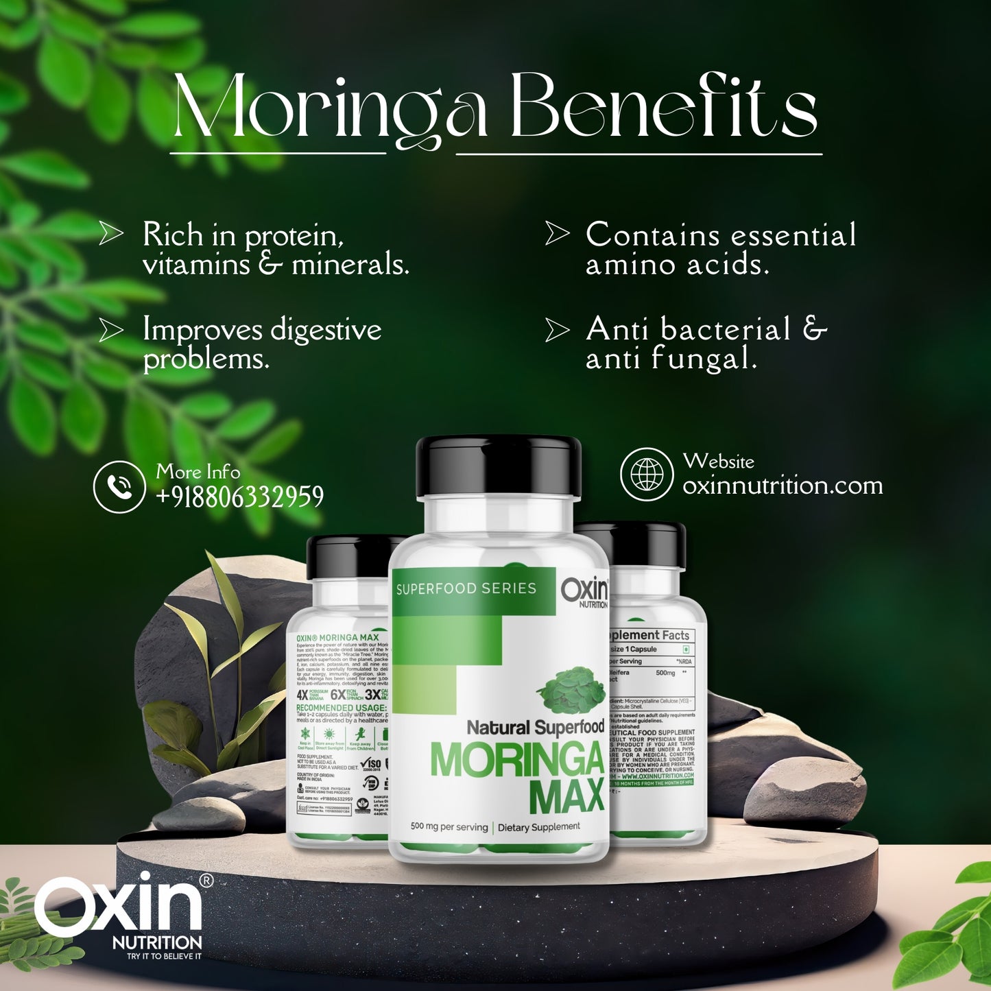 Oxin® Nutrition Moringa Capsules 100% Pure Leaf Powder | Natural Energy, Immunity & Wellness Boost