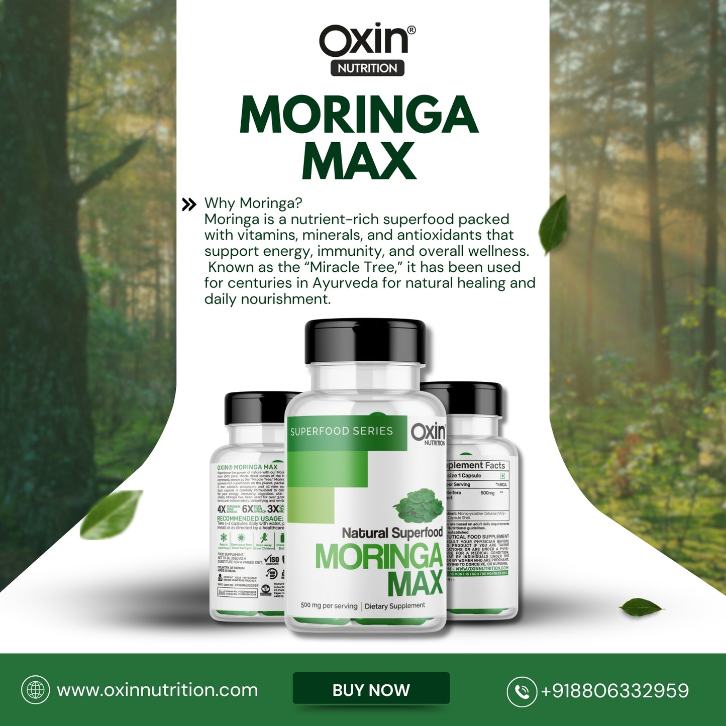 Oxin® Nutrition Moringa Capsules 100% Pure Leaf Powder | Natural Energy, Immunity & Wellness Boost