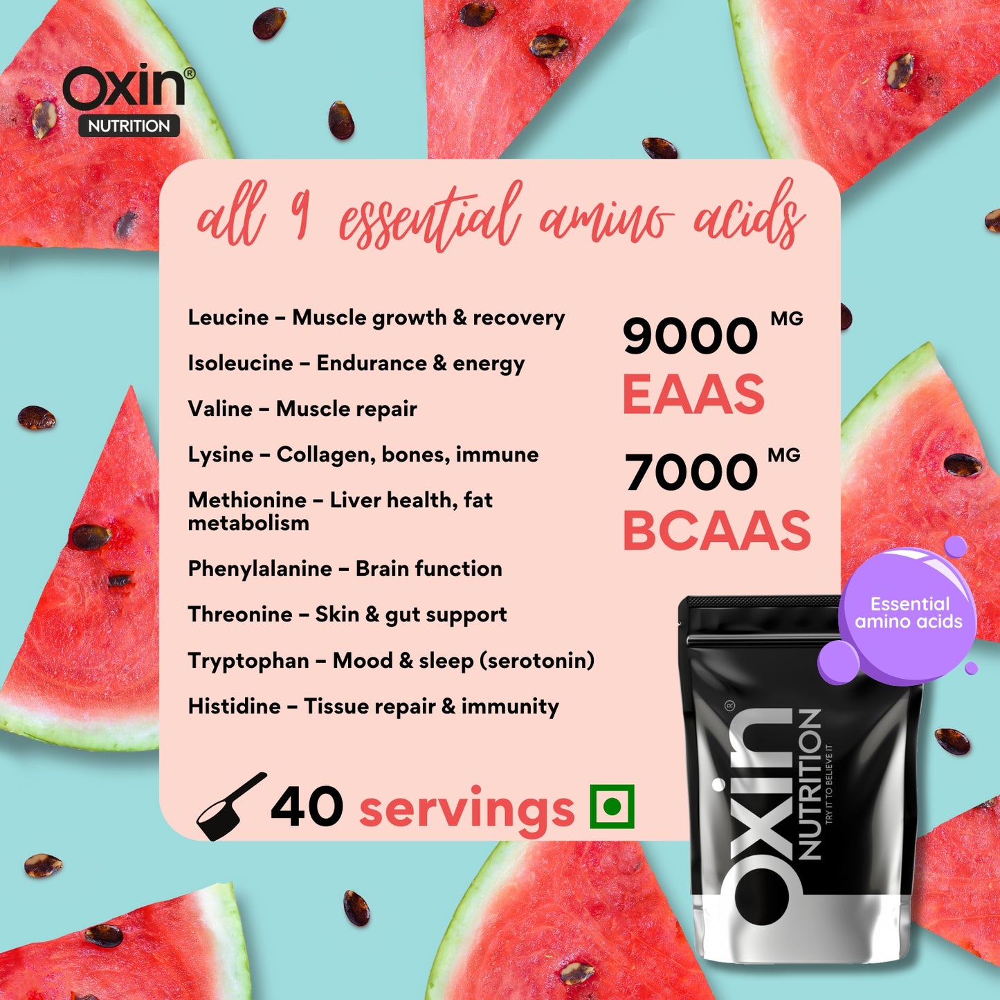 Oxin Nutrition® EAA Essential Amino Acids 400g Watermelon Intra-Workout/Post-Workout Advanced Formula (EAA+BCAA)