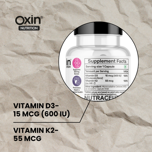 Oxin® Nutrition Vitamin D3 + K2 MK-7 Capsules for Bone Strength, Immunity & Heart Health