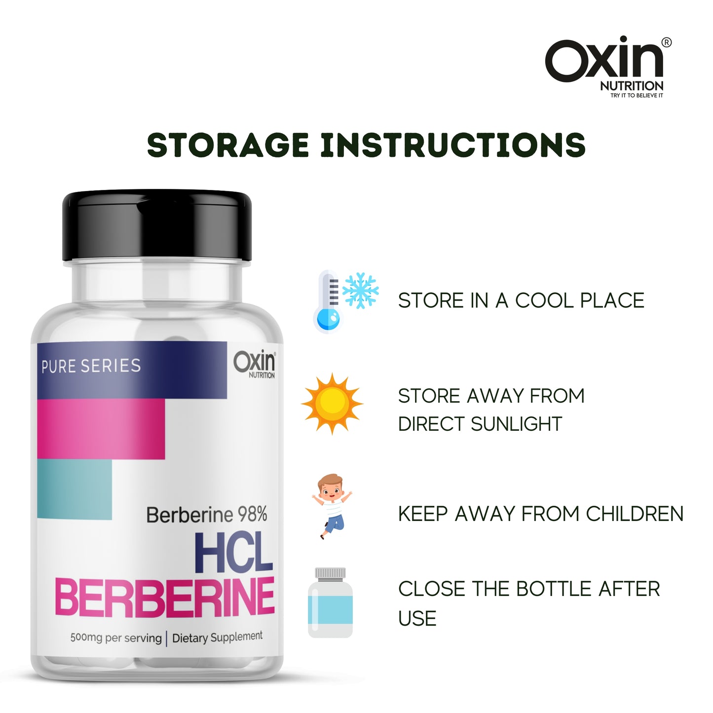 Oxin Nutrition® Berberine HCL 500mg Capsules - 98% Highly Purified and Bioavailable Supplement - 82:1 Concentrated Formula