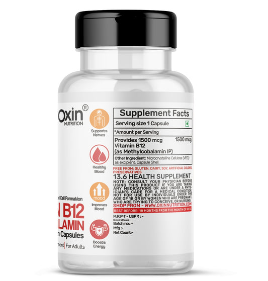 Vitamin B12 methylcobalamin capsules bottle for energy and nerve support