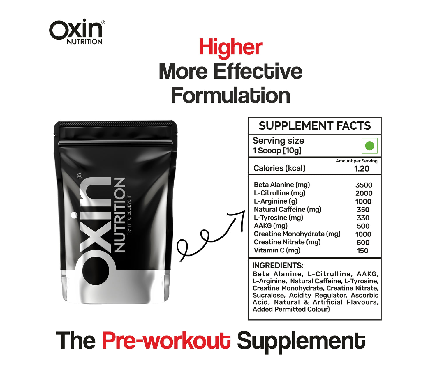 Oxin Nutrition® Pre Workout 3X Caffeinated Punch With Vitamin C - Preworkout Drink