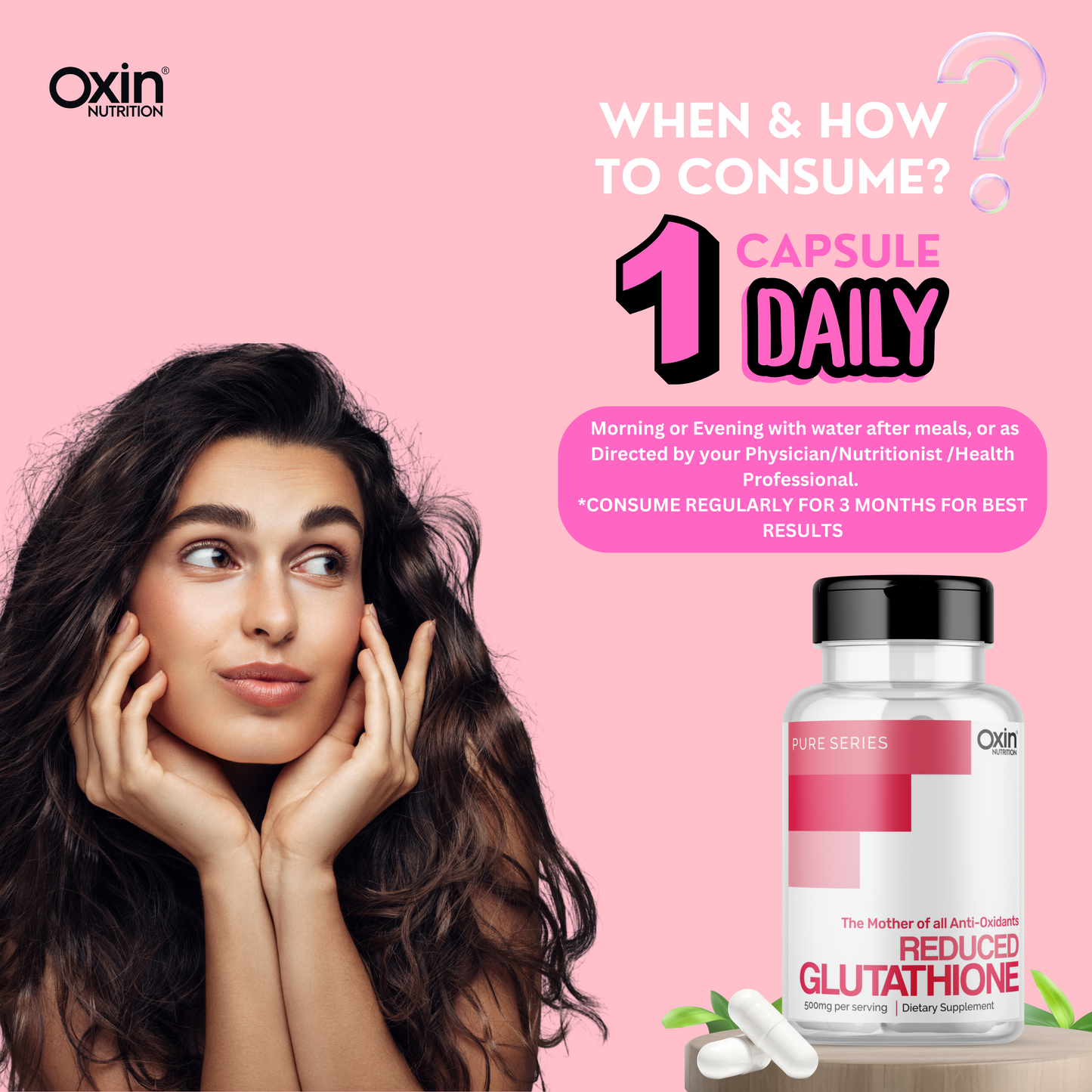 Oxin Nutrition® Glutathione REDUCED 500mg Caps For Korean Glowing, Radiance Skin