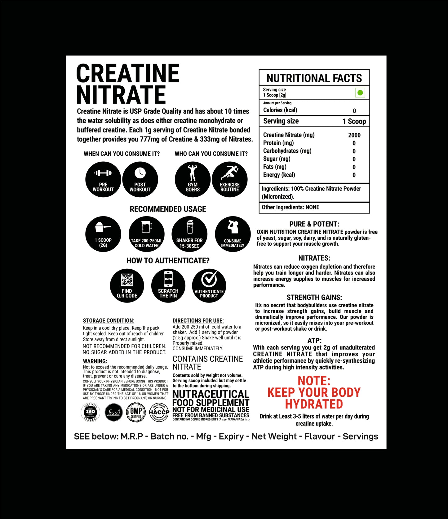 Oxin Nutrition® Creatine Nitrate Powder 100% Pure Imported
