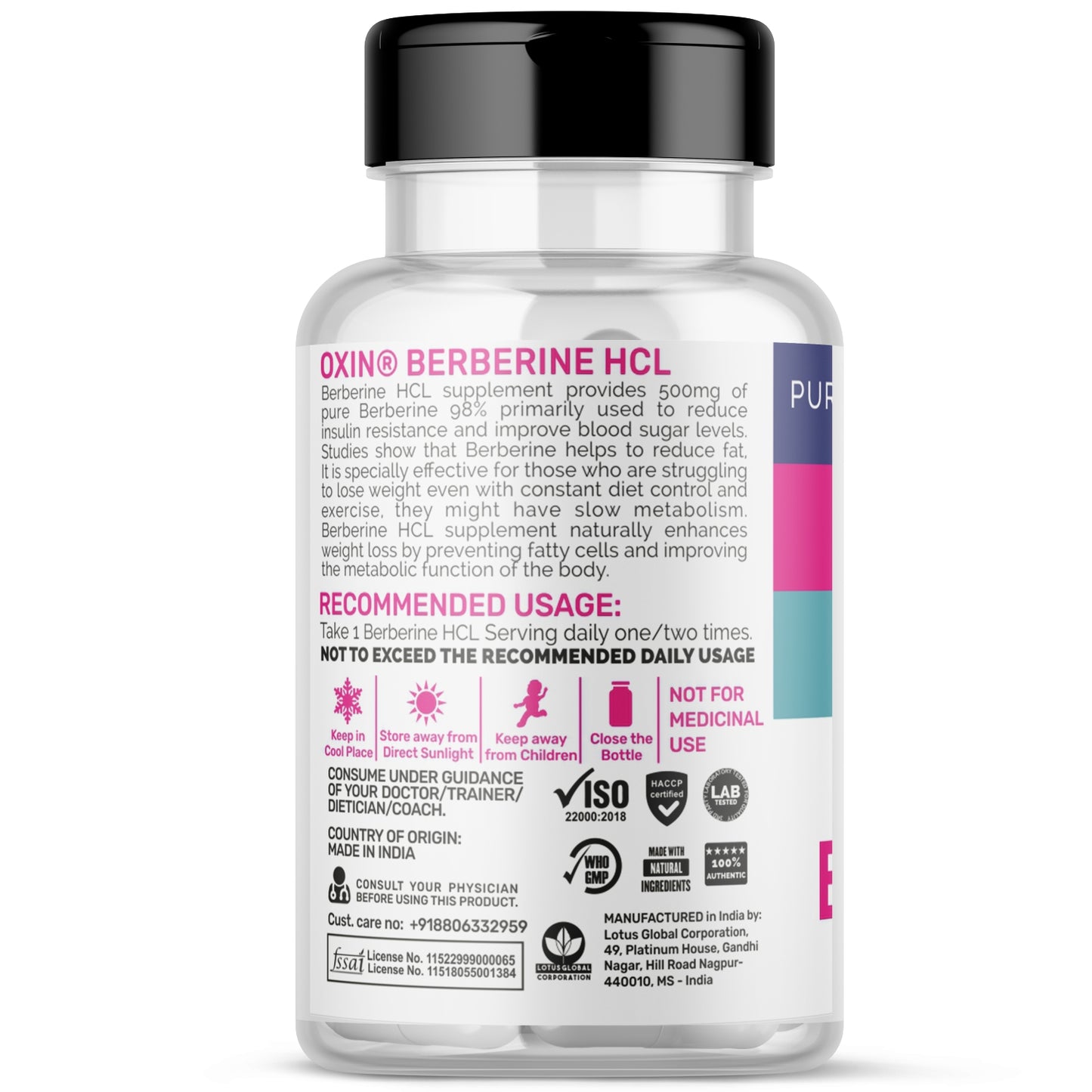 Oxin Nutrition® Berberine HCL 500mg Capsules - 98% Highly Purified and Bioavailable Supplement - 82:1 Concentrated Formula