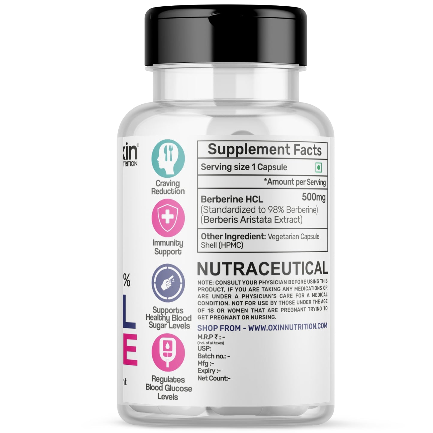 Oxin Nutrition® Berberine HCL 500mg Capsules - 98% Highly Purified and Bioavailable Supplement - 82:1 Concentrated Formula