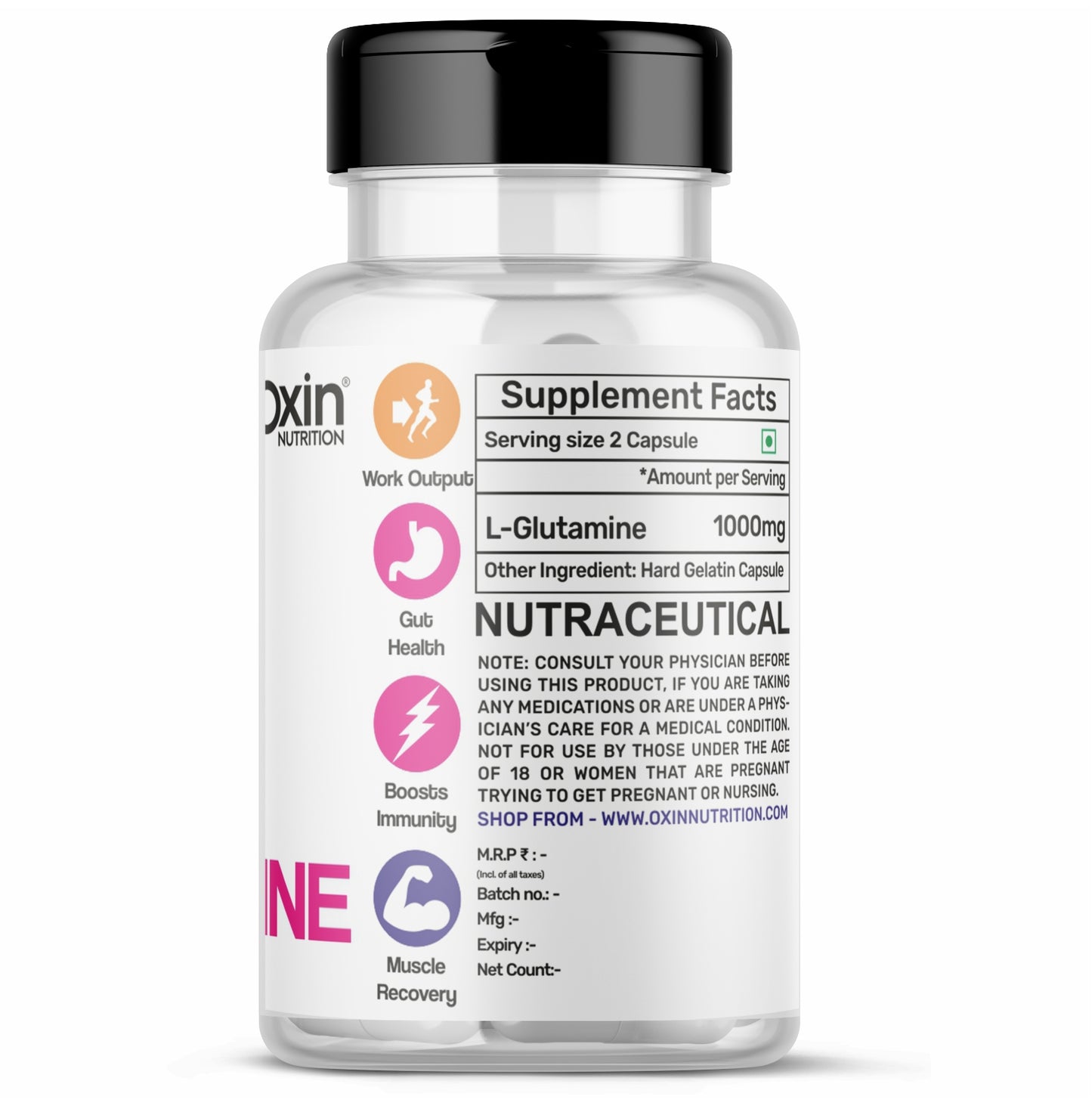 Oxin® Nutrition L Glutamine 1000mg Capsules
