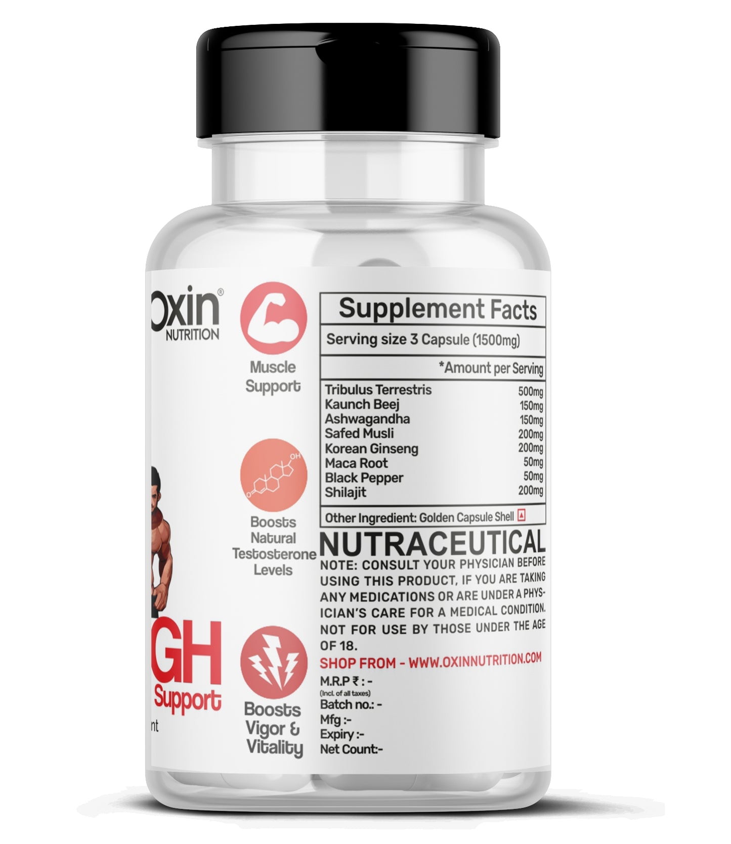 Oxin® Nutrition TESTO-HIGH Testosterone Booster Supplement Capsules