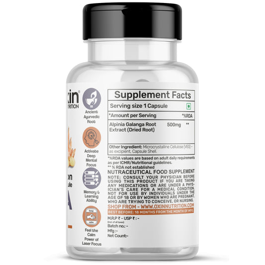 Oxin Nutrition Alpinia Galangal THAI GINGER 1000mg Extract Capsule - Cognitive Support Memory & Focus Mood & Stress