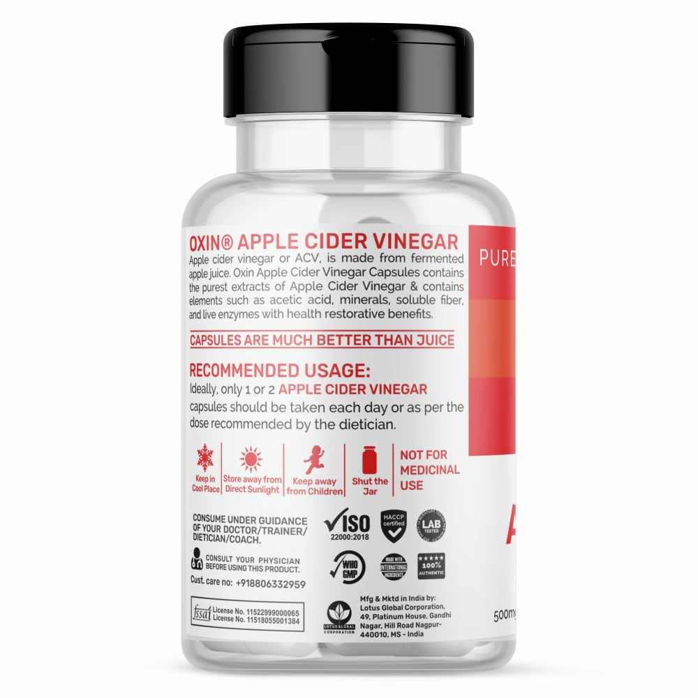 Oxin® Nutrition  Apple Cider Vinegar Capsule 500mg Pure Series 30 Capsules