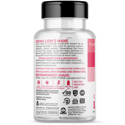 Oxin Nutrition® Lion's Mane 1000mg Organic Mushroom Extract Grown in Di Tao (Dao) Regions