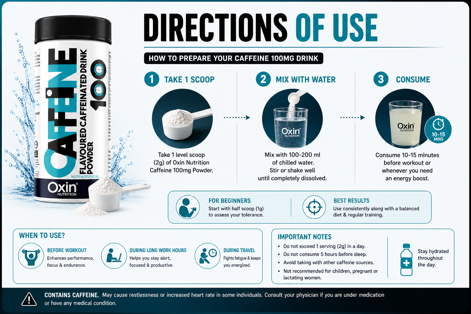 Caffeine 100 mg flavoured drink powder for energy and focus support