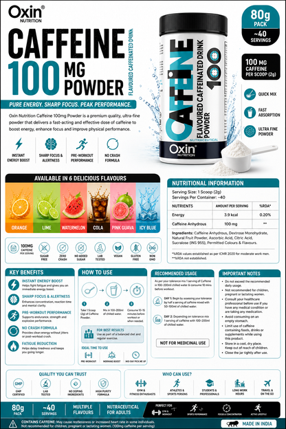 Caffeine 100 mg flavoured drink powder for energy and focus support
