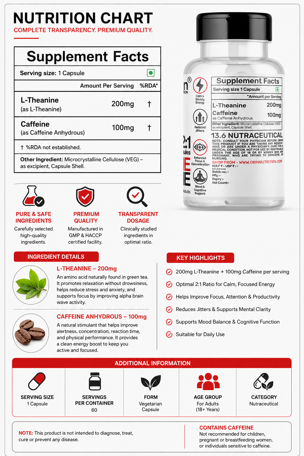Caffeine L-Theanine Capsules | Clean Energy + Sharp Focus + Calm Mind | 200mg L-Theanine + 100mg Caffeine