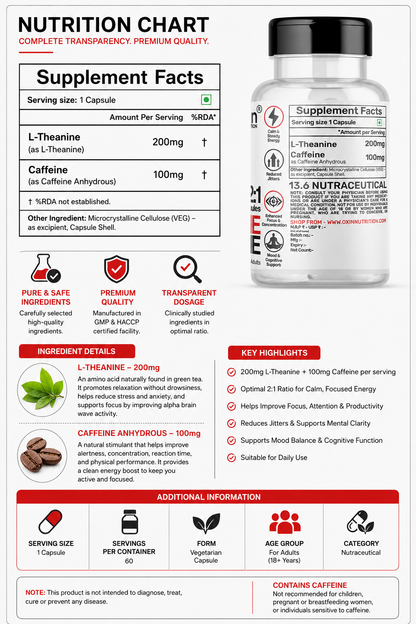 Caffeine L-Theanine Capsules | Clean Energy + Sharp Focus + Calm Mind | 200mg L-Theanine + 100mg Caffeine