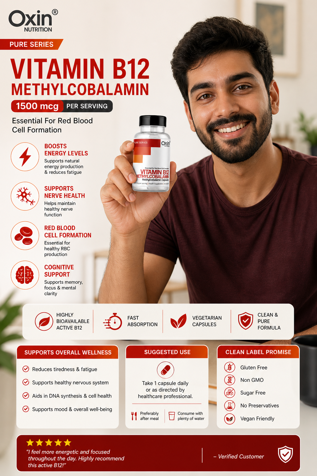 Vitamin B12 methylcobalamin capsules bottle for energy and nerve support