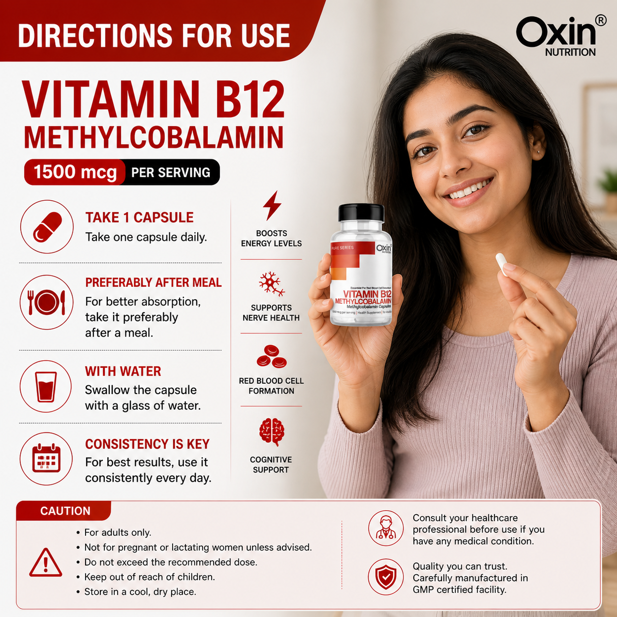 Vitamin B12 methylcobalamin capsules bottle for energy and nerve support