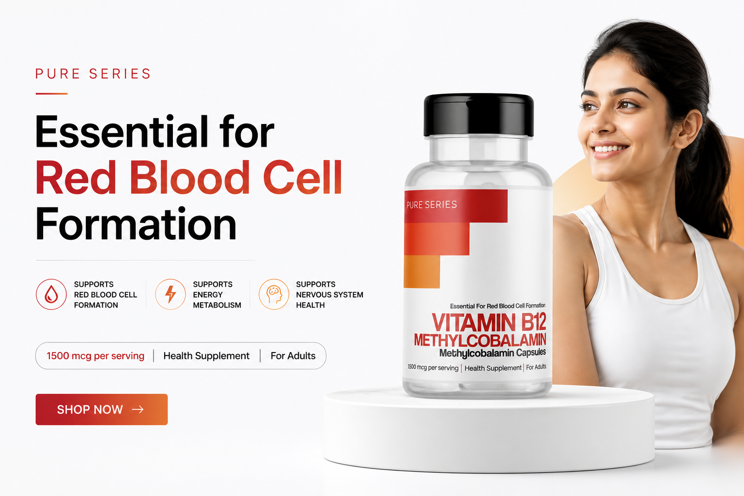 Vitamin B12 methylcobalamin capsules bottle for energy and nerve support