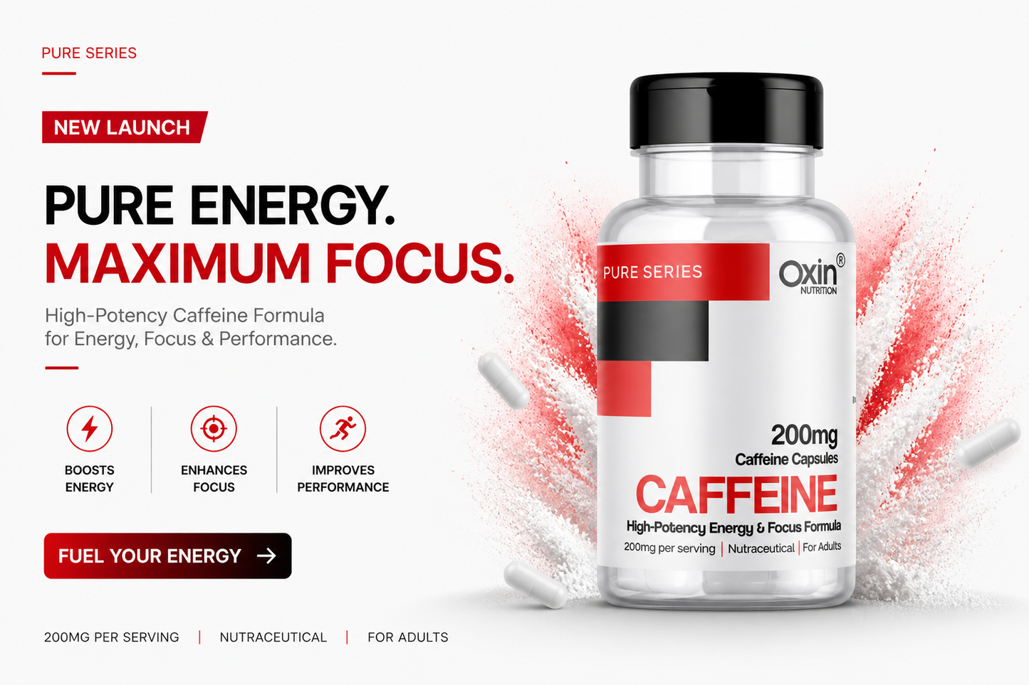 Caffeine anhydrous 200 mg capsules bottle for energy and focus support