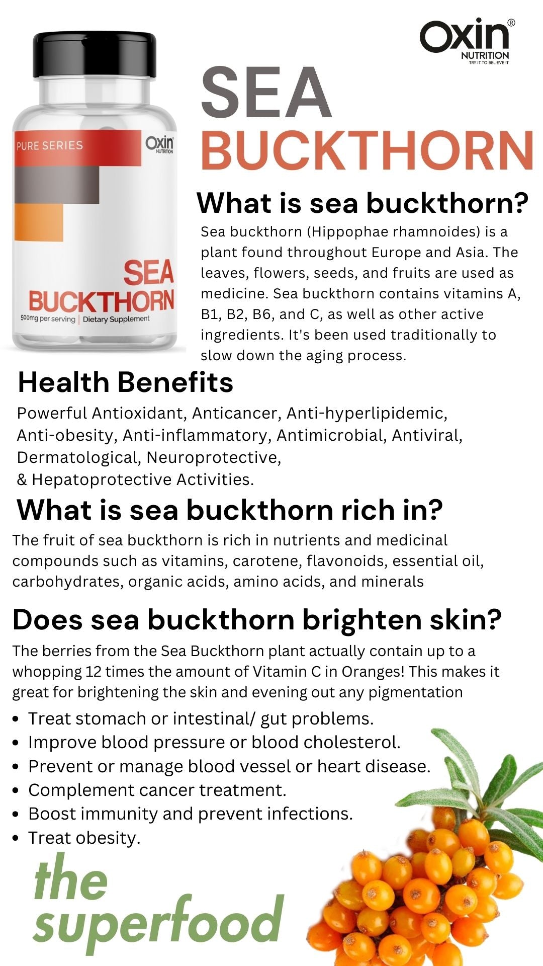 Oxin Nutrition® Sea Buckthorn Extract 500mg Veg Supplement Capsules | Rich Source of Omega, Supports Digestion, Cardiovascular Health & Liver Detox