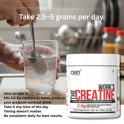 The Creatine Works 100% Pure Creatine Monohydrate 100g | Unflavoured | Muscle Strength & Performance | Oxin Nutrition