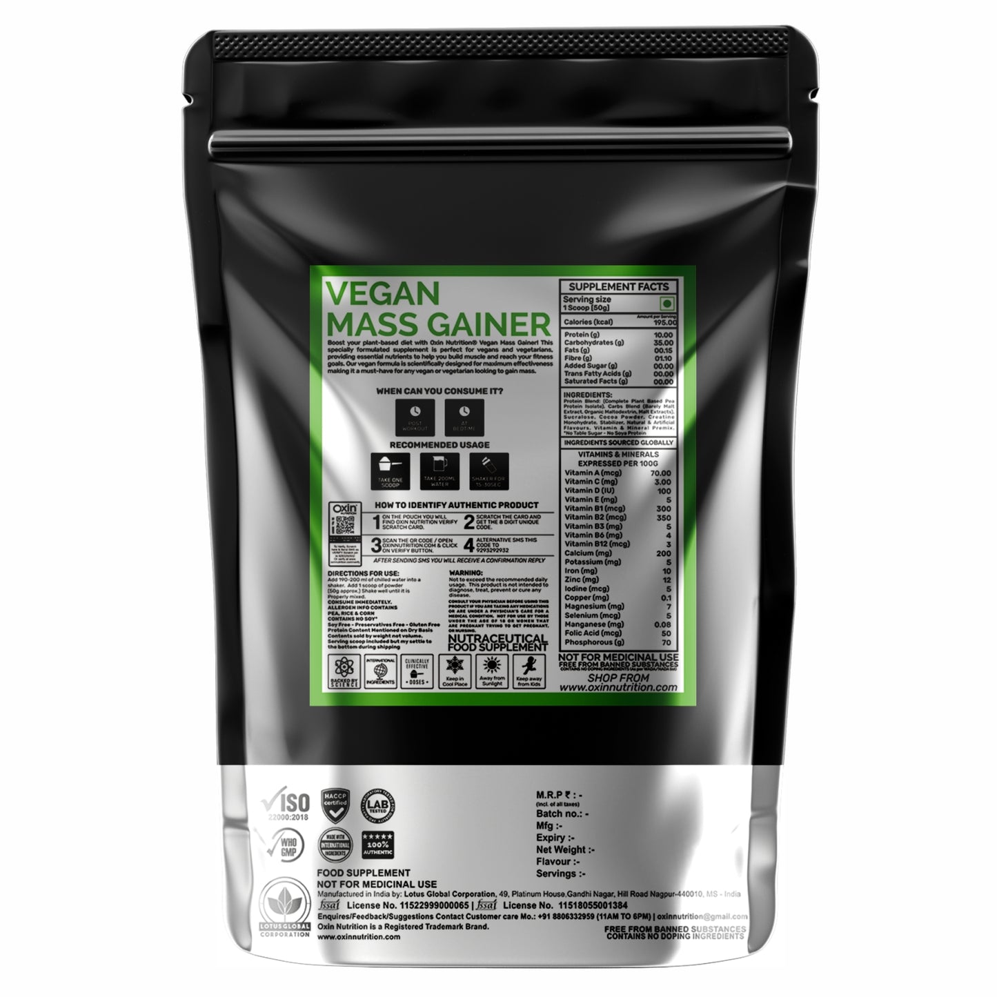 Oxin Nutrition® Vegan Mass Gainer - Suitable for Vegan/ Vegetarians - 1KG