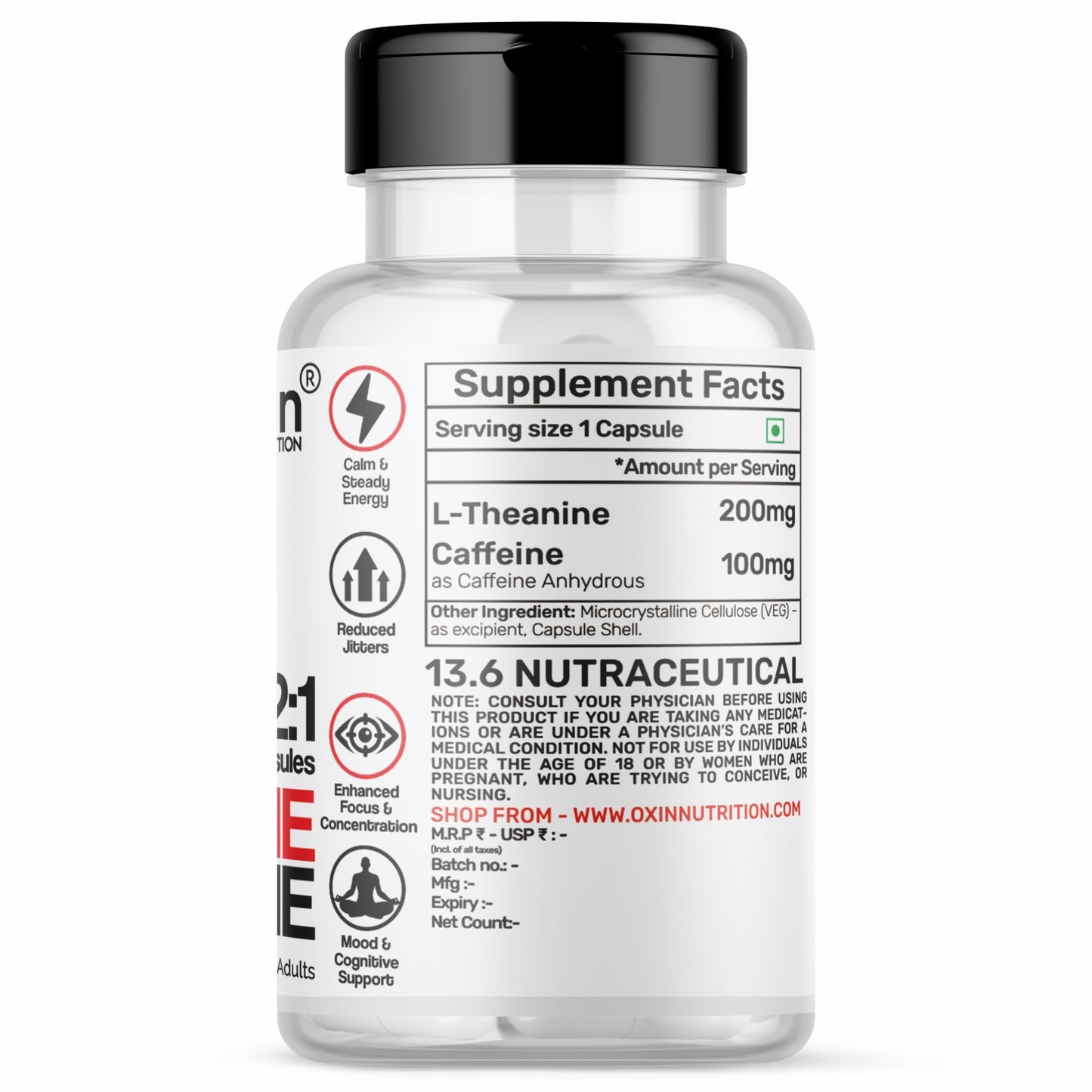 Caffeine L-Theanine Capsules | Clean Energy + Sharp Focus + Calm Mind | 200mg L-Theanine + 100mg Caffeine