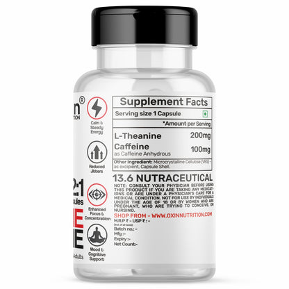 Caffeine L-Theanine Capsules | Clean Energy + Sharp Focus + Calm Mind | 200mg L-Theanine + 100mg Caffeine