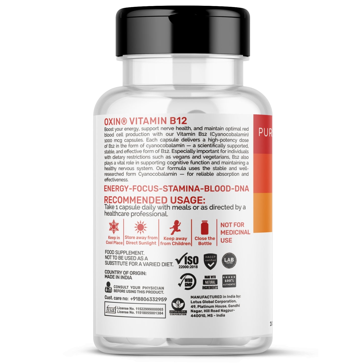 Oxin Nutrition Vitamin B12 Capsules 1000 mcg (Cyanocobalamin) – Energy, Nerve & Brain Support