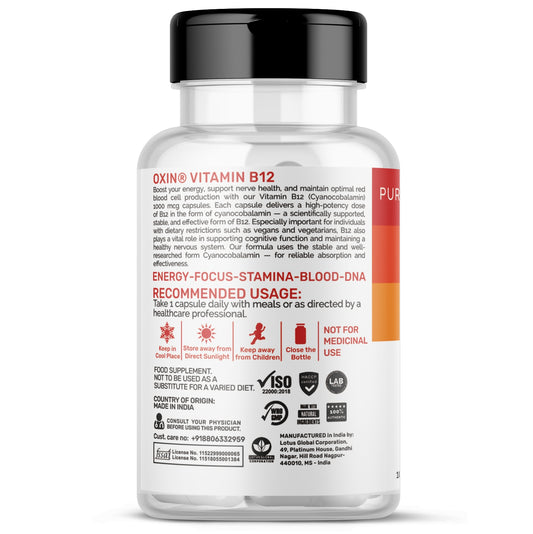 Oxin Nutrition Vitamin B12 Capsules 1000 mcg (Cyanocobalamin) – Energy, Nerve & Brain Support