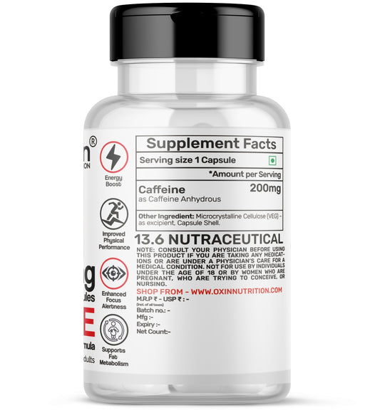 Caffeine anhydrous 200 mg capsules bottle for energy and focus support