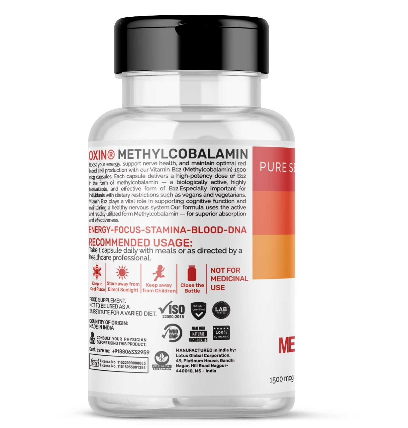 Vitamin B12 methylcobalamin capsules bottle for energy and nerve support