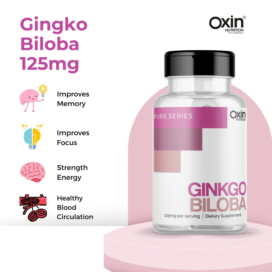 Oxin Nutrition® Ginkgo Biloba 125mg Capsule for Healthy Brain Function, Better Concentration, Memory & learning