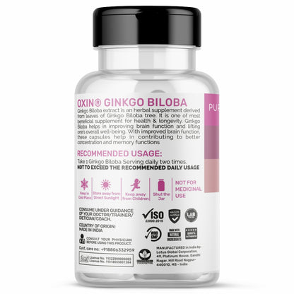 Oxin Nutrition® Ginkgo Biloba 125mg Capsule for Healthy Brain Function, Better Concentration, Memory & learning