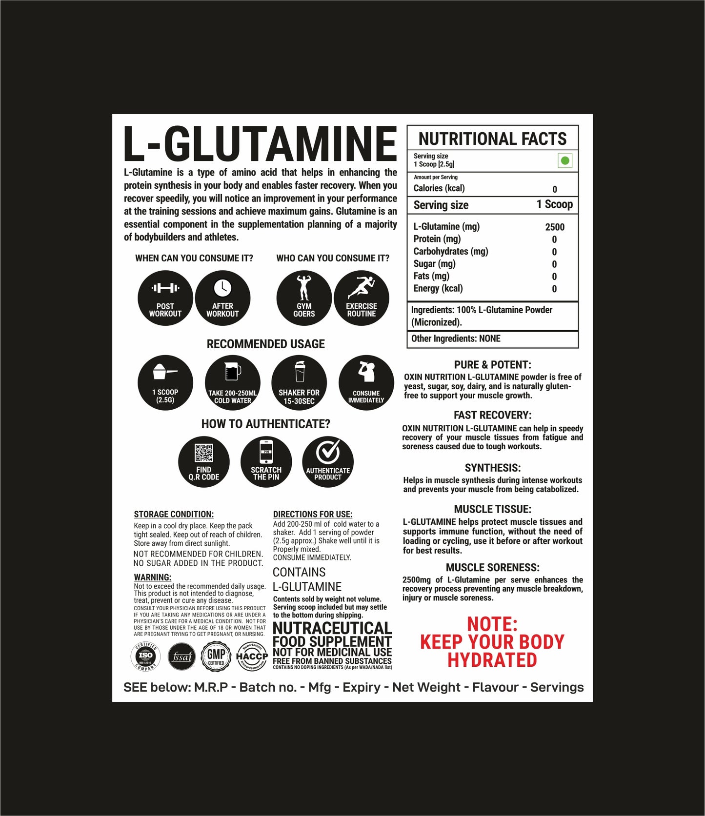 Oxin Nutrition® L-Glutamine Powder 100% Pure Imported