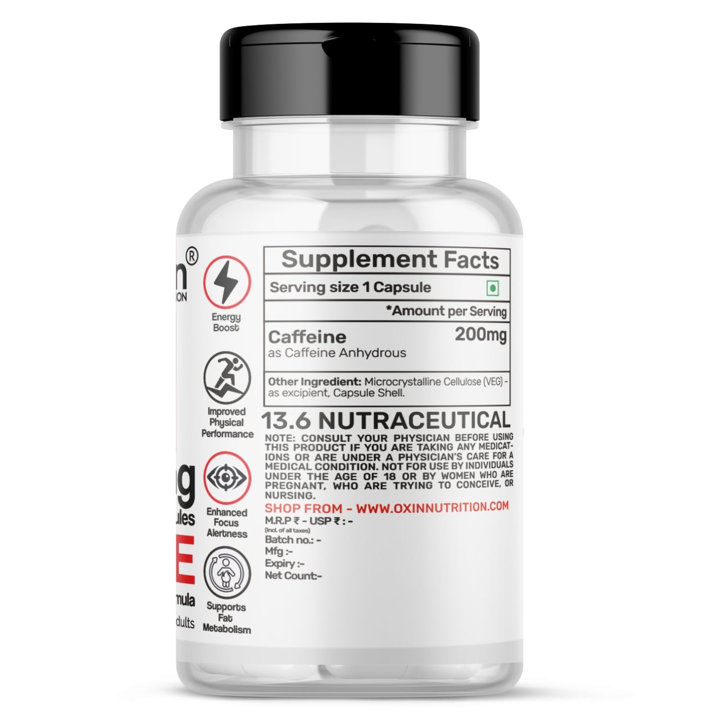 Caffeine anhydrous 200 mg capsules bottle for energy and focus support