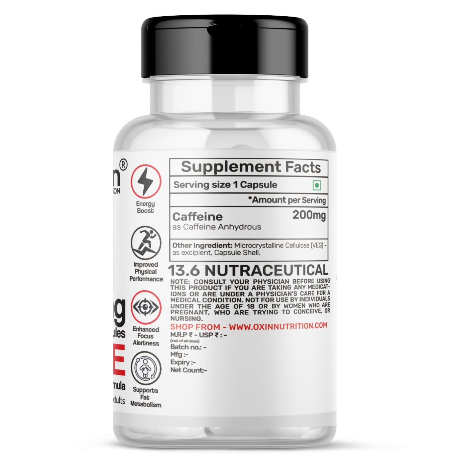 Caffeine anhydrous 200 mg capsules bottle for energy and focus support