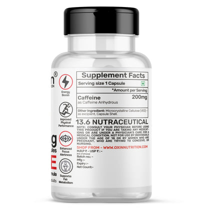 Caffeine anhydrous 200 mg capsules bottle for energy and focus support