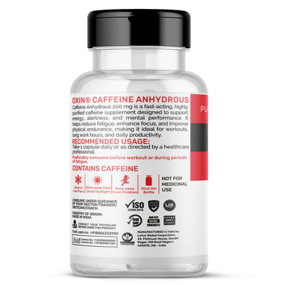 Caffeine anhydrous 200 mg capsules bottle for energy and focus support