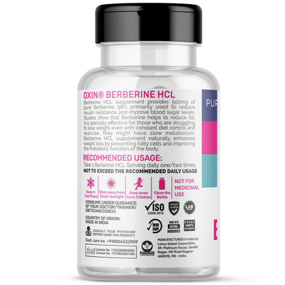 Oxin Nutrition®  Berberine HCL 500mg Capsules - 98% Highly Purified and Bioavailable Supplement - 82:1 Concentrated Formula