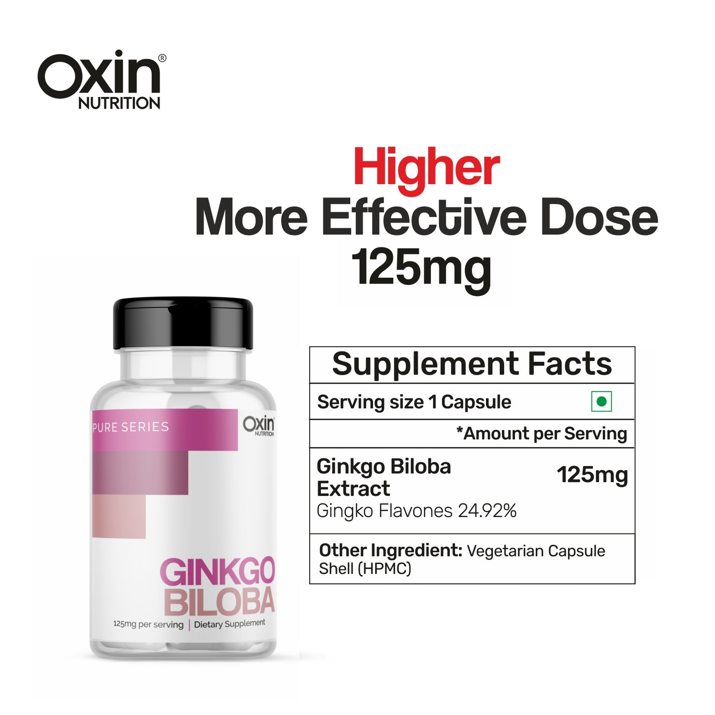 Oxin Nutrition® Ginkgo Biloba 125mg Capsule for Healthy Brain Function, Better Concentration, Memory & learning