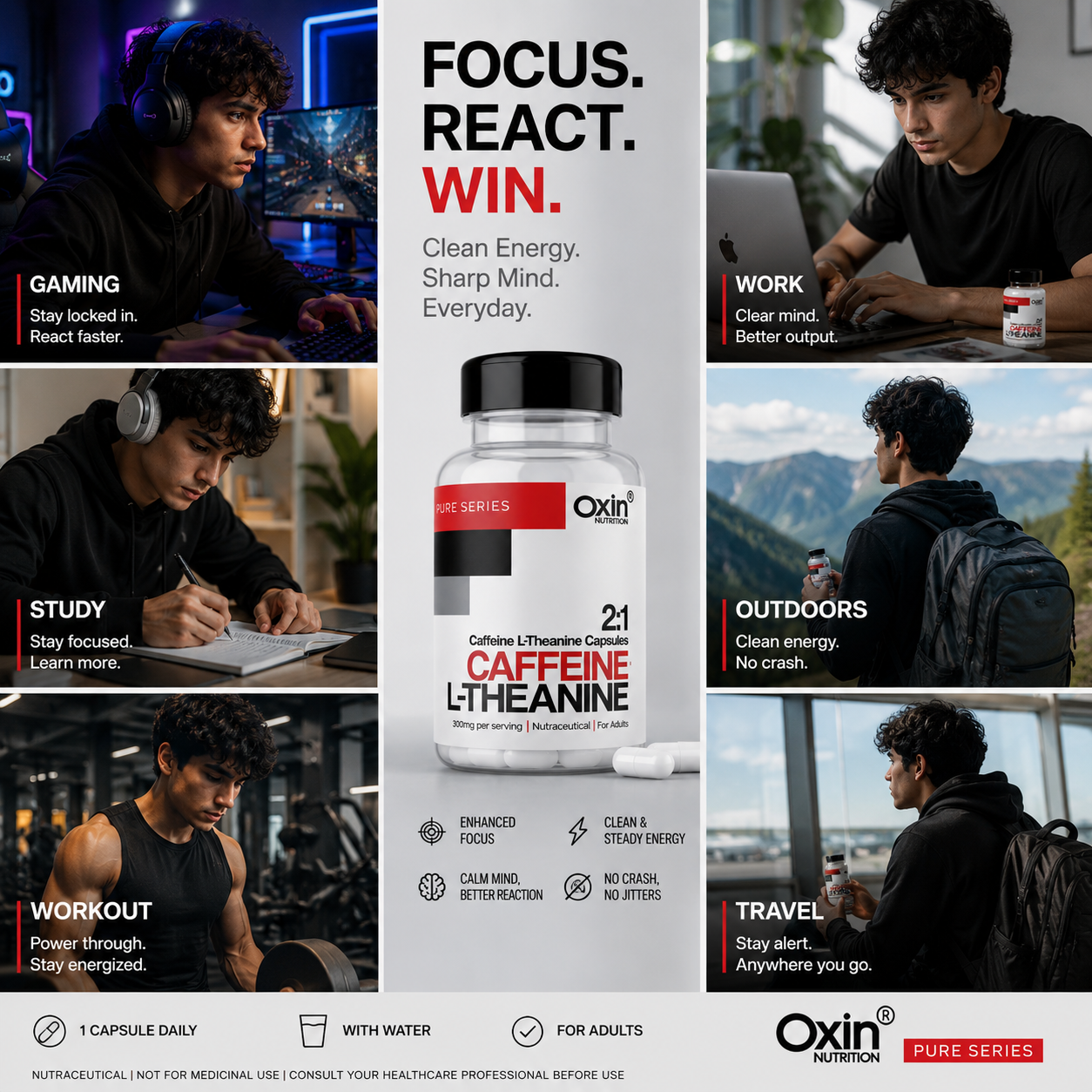 Caffeine L-Theanine Capsules | Clean Energy + Sharp Focus + Calm Mind | 200mg L-Theanine + 100mg Caffeine