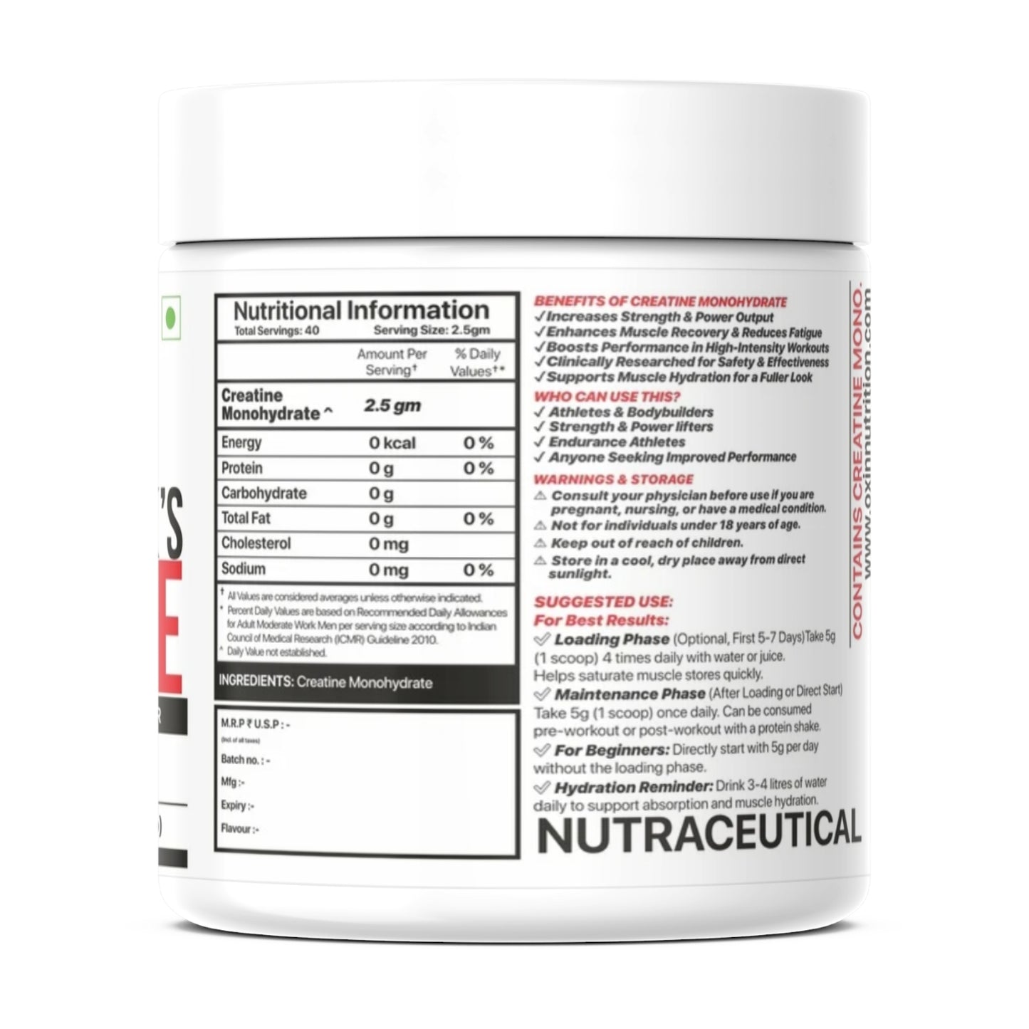 The Creatine Works 100% Pure Creatine Monohydrate 100g | Unflavoured | Muscle Strength & Performance | Oxin Nutrition