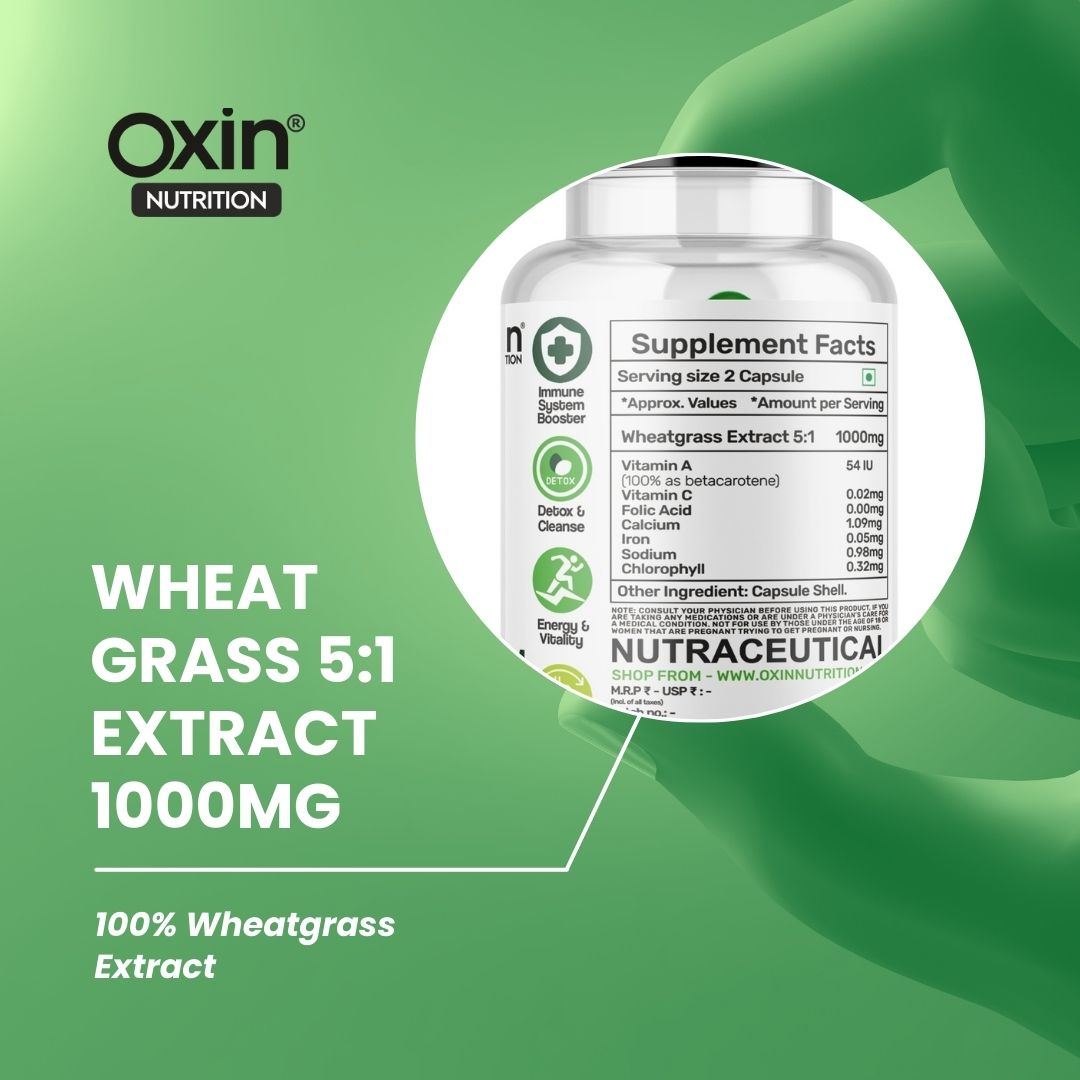 Oxin Nutrition Wheatgrass Supplement 5:1 Capsules 1000mg | Superfood for Detox